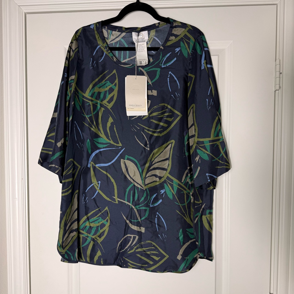 Voyage By Marina Rinaldi Navy Blouse With Leaf Design Size 12